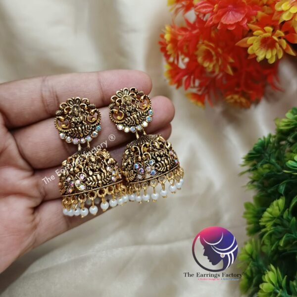 Traditional Lakshmi Golden | Silver Blinking Stone Temple Jhumka - Image 3