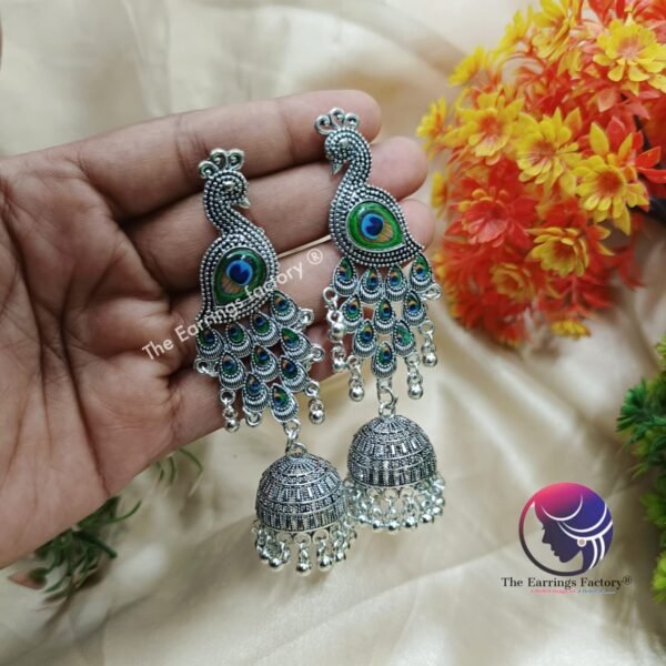Traditional Silver Peacock Long Jhumka - Image 3