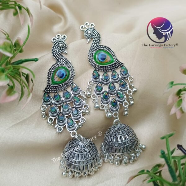 Traditional Silver Peacock Long Jhumka - Image 4