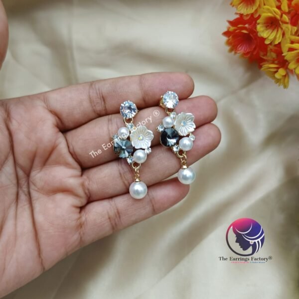 Korean Stylish  Floral Crystal stone Pearl Ball Drop Fancy Earrings - Image 2