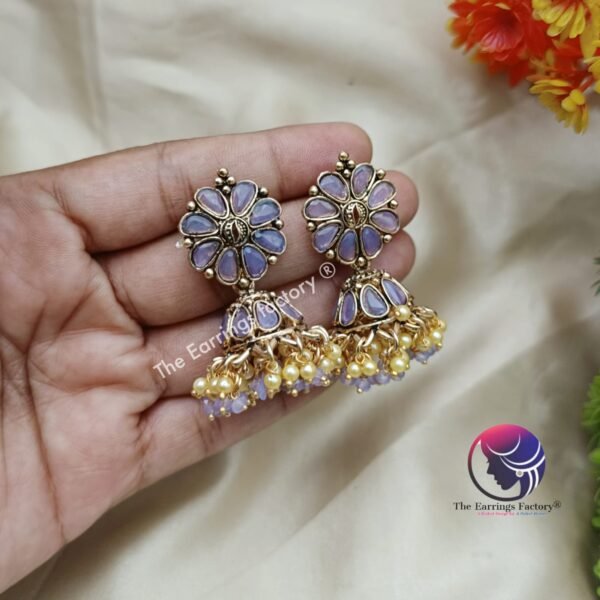Traditional Golden Pearl Beads Floral Stone Jhumka - Image 3