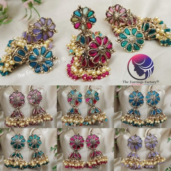 Traditional Golden Pearl Beads Floral Stone Jhumka