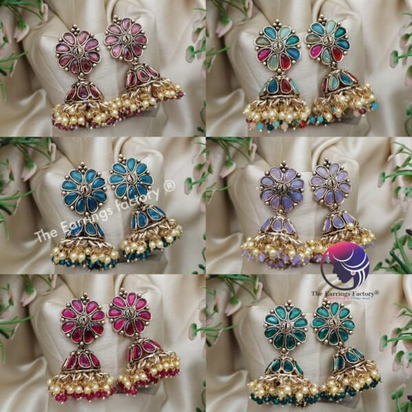 Traditional Golden Pearl Beads Floral Stone Jhumka - Image 2