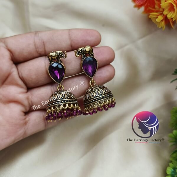 Traditional Golden Elephant Crystal Stone Jhumka - Image 2