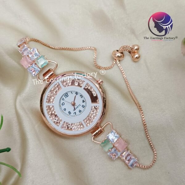 Stylish AD Stone Rose Gold Adjustable Watch Bracelet