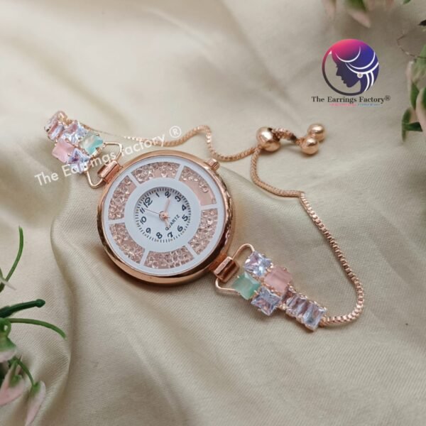 Stylish AD Stone Rose Gold Adjustable Watch Bracelet - Image 2