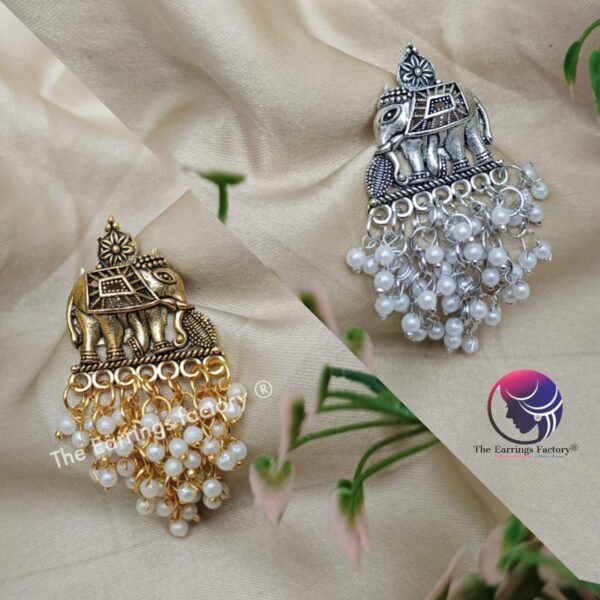 Traditional Golden | Silver Elephant Pearl Beads Drop Studs - Image 2