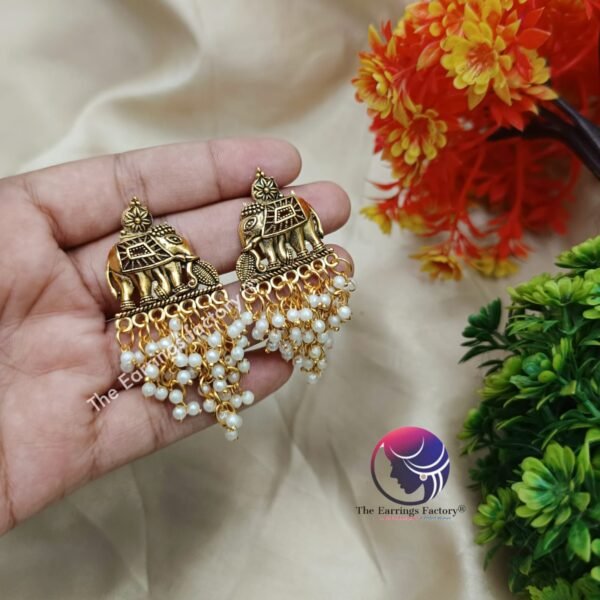 Traditional Golden | Silver Elephant Pearl Beads Drop Studs - Image 3