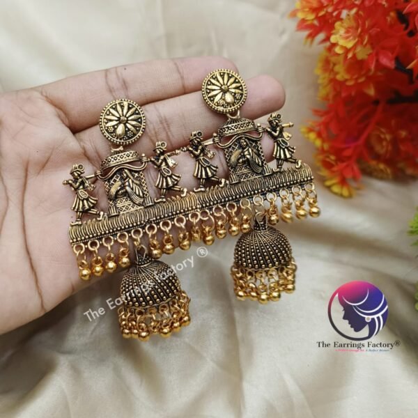 Traditional Radha Krishna Silver | Golden Long Jhumka - Image 3