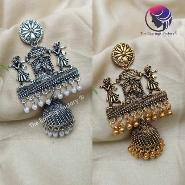 Traditional Radha Krishna Silver | Golden Long Jhumka - Image 2