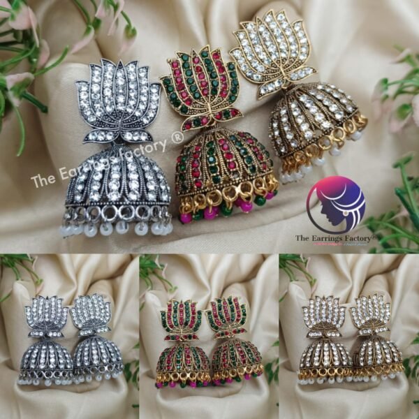 Traditional Golden | Silver Lotus Stone Jhumka