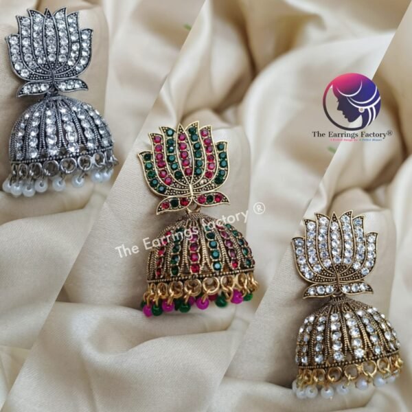 Traditional Golden | Silver Lotus Stone Jhumka - Image 2