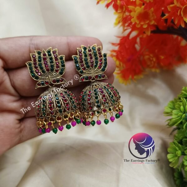 Traditional Golden | Silver Lotus Stone Jhumka - Image 3