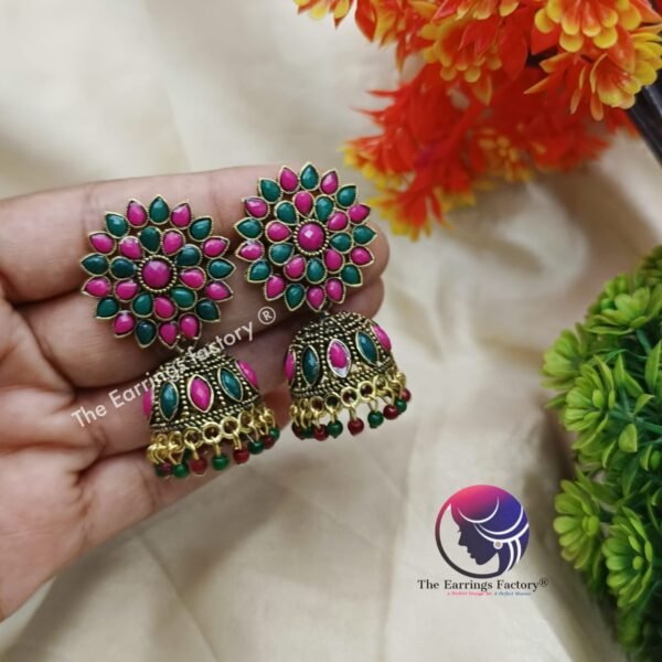 Traditional Golden Black | Multi  StoneJhumka - Image 3