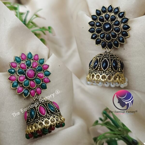 Traditional Golden Black | Multi  StoneJhumka - Image 2
