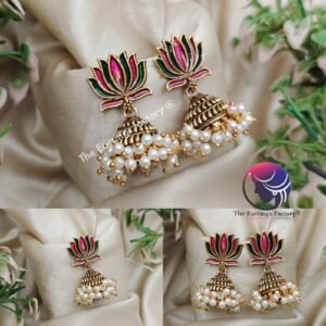 Traditional Golden Colourful Lotus Pearl Jhumka