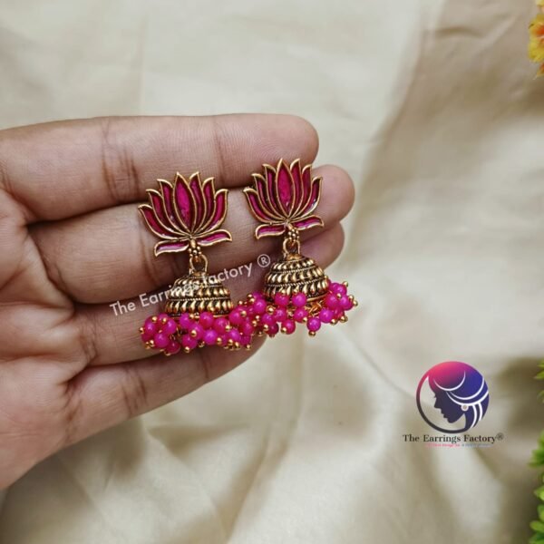 Traditional Golden Colourful Lotus Pearl Jhumka - Image 3