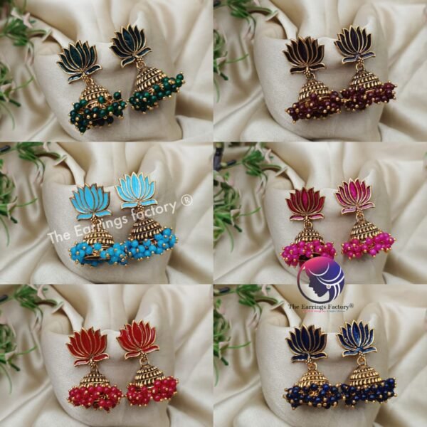 Traditional Golden Colourful Lotus Pearl Jhumka - Image 2