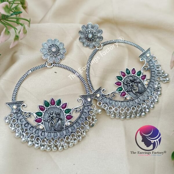 Trending Big Size Chandbali Silver Multi Stone Earrings - Image 2