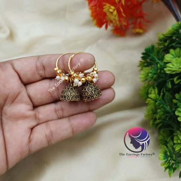 Traditional Golden Pearl Beads Hoop Jhumka - Image 3