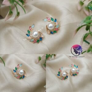 Traditional Daily wear Golden Multi Stone Pearl Studs