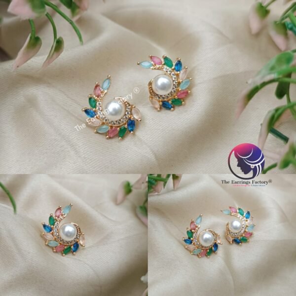 Traditional Daily wear Golden Multi Stone Pearl Studs