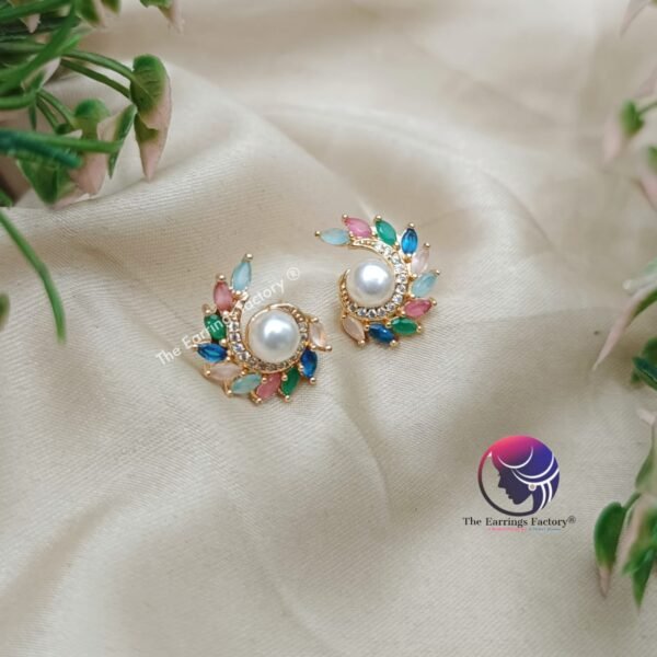Traditional Daily wear Golden Multi Stone Pearl Studs - Image 3