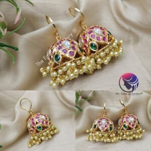 Traditional Antique Kemp Stone Pearl Beads Hook Big Jhumka