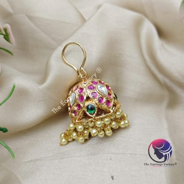 Traditional Antique Kemp Stone Pearl Beads Hook Big Jhumka - Image 2