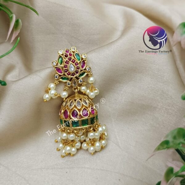 Traditional Antique Kemp Stone Pearl Beads Jhumka - Image 2