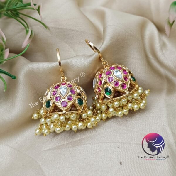 Traditional Antique Kemp Stone Pearl Beads Hook Big Jhumka - Image 3