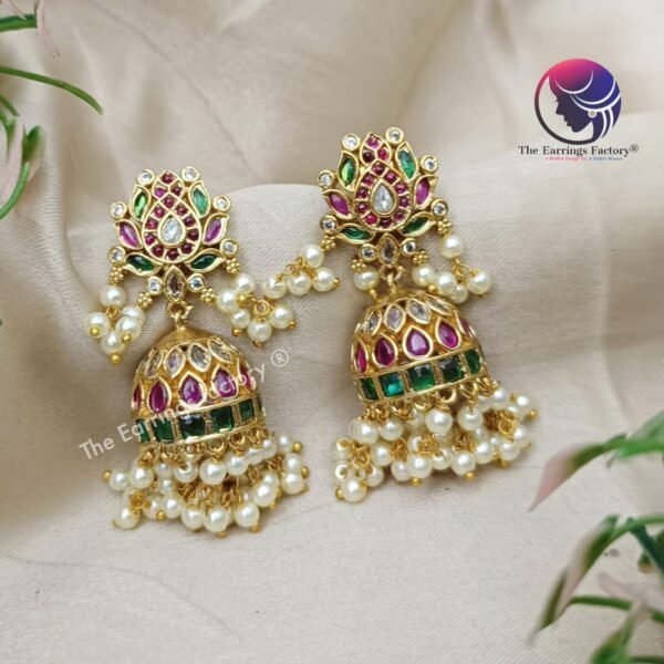 Traditional Antique Kemp Stone Pearl Beads Jhumka - Image 3