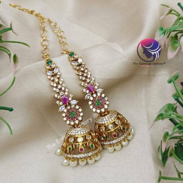 Traditional Antique AD Stone Premium Jhumka with Chain - Image 3