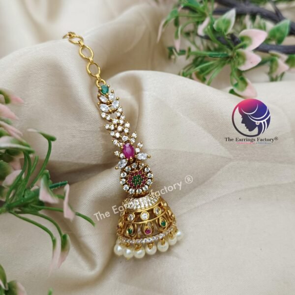 Traditional Antique AD Stone Premium Jhumka with Chain - Image 2