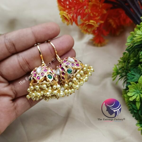 Traditional Antique Kemp Stone Pearl Beads Hook Big Jhumka - Image 4