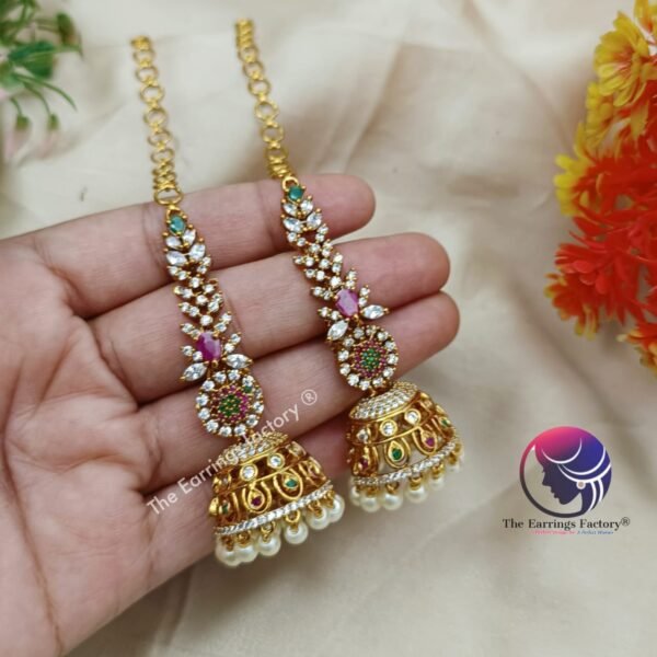 Traditional Antique AD Stone Premium Jhumka with Chain - Image 4