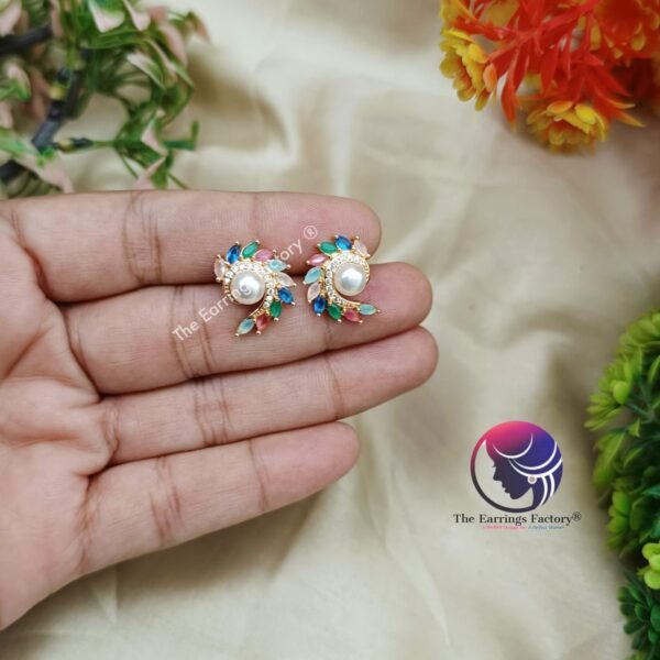 Traditional Daily wear Golden Multi Stone Pearl Studs - Image 4