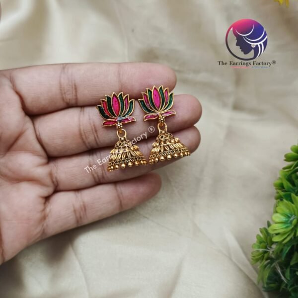 Traditional Golden Lotus Jhumka - Image 3