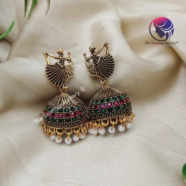 Traditional Golden Multi Stone Doll Jhumka - Image 3