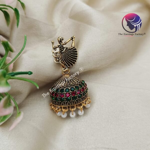 Traditional Golden Multi Stone Doll Jhumka - Image 2