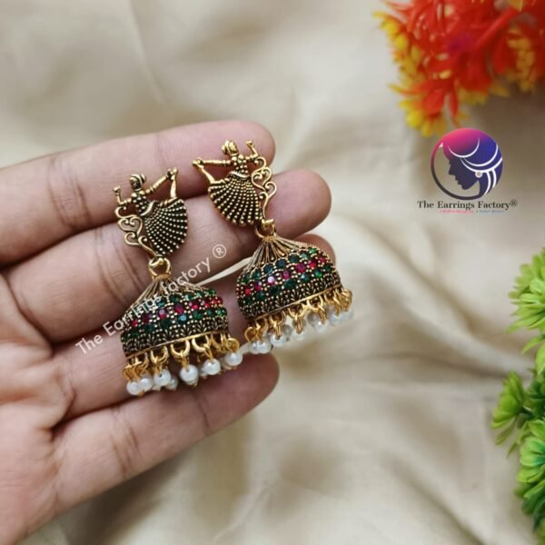 Traditional Golden Multi Stone Doll Jhumka - Image 4