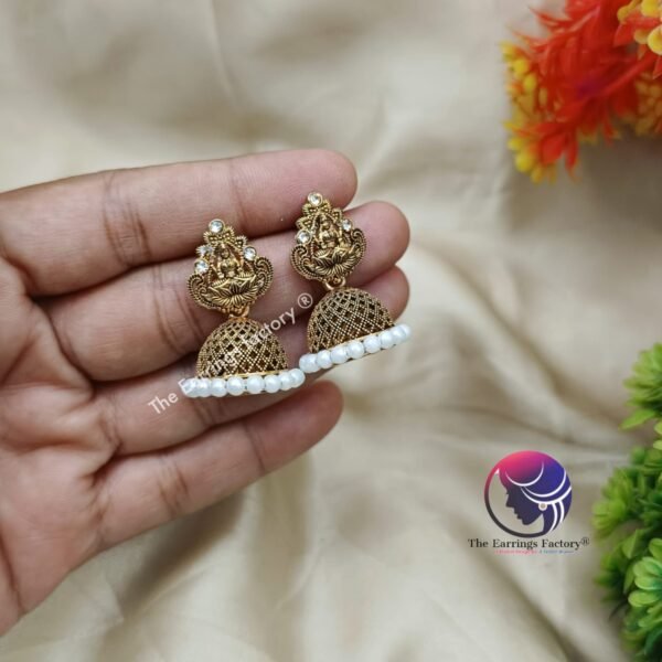 Traditional Golden | Silver Lakshmi Temple Jhumka - Image 3