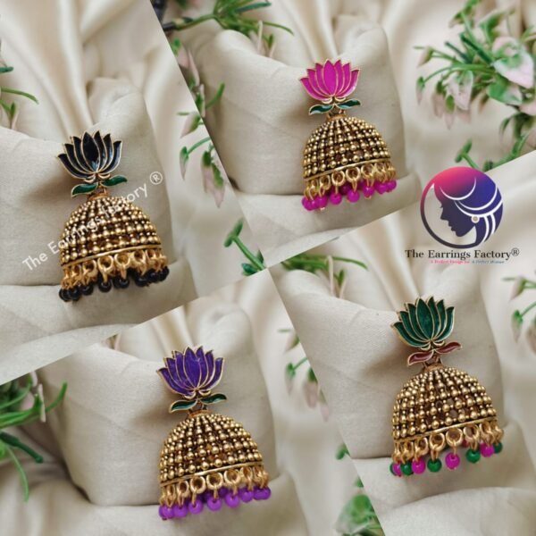 Traditional Golden Colourful Lotus Jhumka - Image 2