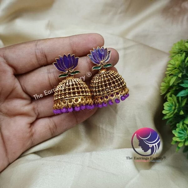Traditional Golden Colourful Lotus Jhumka - Image 3