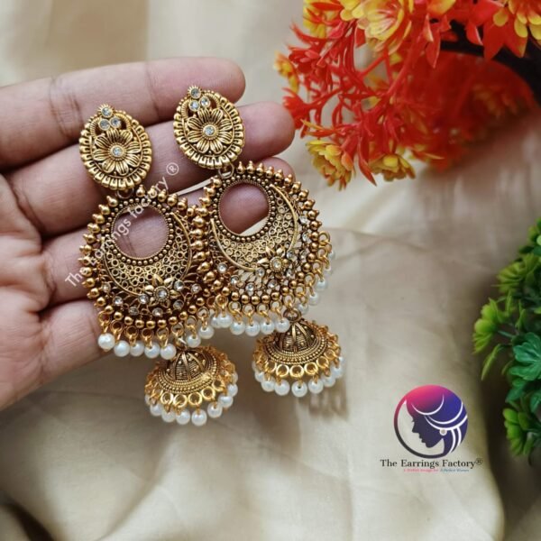 Traditional Golden White Stone Long Jhumka - Image 2