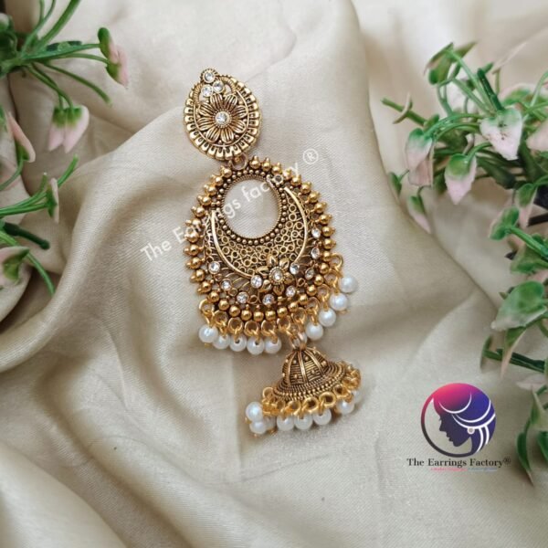 Traditional Golden White Stone Long Jhumka - Image 3