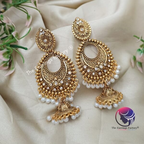 Traditional Golden White Stone Long Jhumka - Image 4