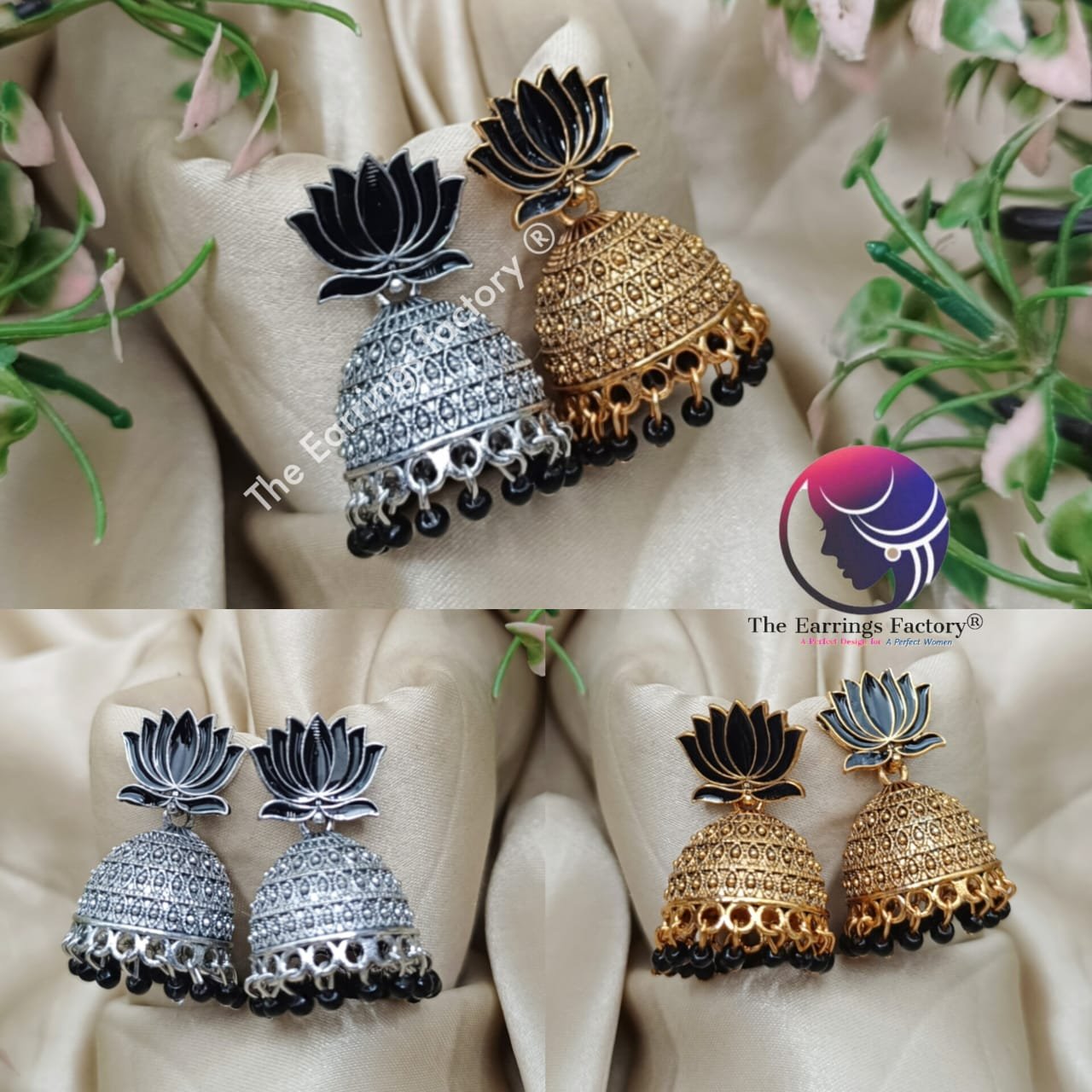 Traditional Golden | silver Black Lotus Jhumka