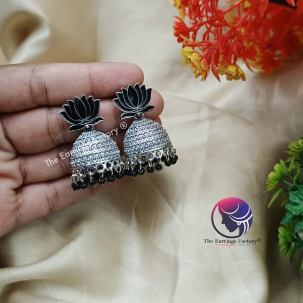 Traditional Golden | silver Black Lotus Jhumka - Image 3