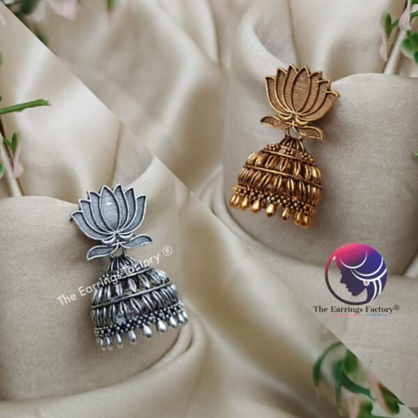 Traditional Golden | Silver Lotus Jhumka - Image 2